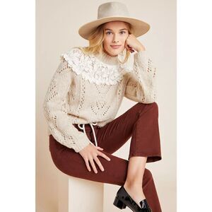 Anthropologie Suzanne Pointelle Lace Cream Sweater Size XS